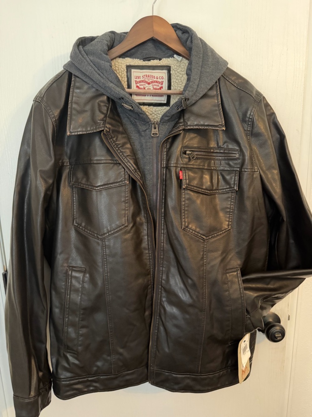 Levi's Men's Black Faux Leather Bomber Jacket with Sherpa Trim